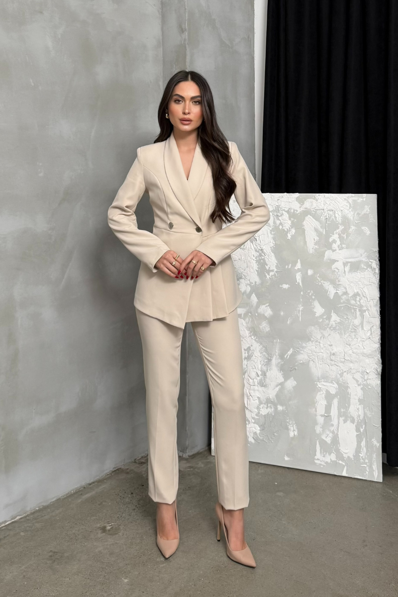 Kadın İkili Blazer Ceket Pantolon Takım Pile ve Düğme Detaylı Boru Paça