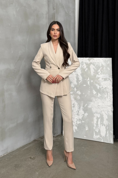 Kadın İkili Blazer Ceket Pantolon Takım Pile ve Düğme Detaylı Boru Paça