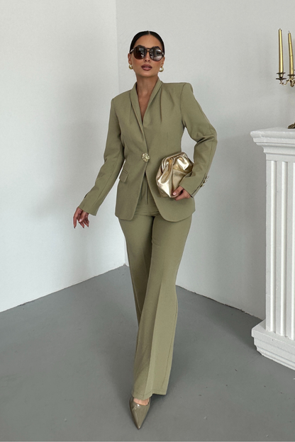 Kadın İkili Takım Şık Düğme Detaylı Dik Yaka Blazer Ceket Bol Paça Pantolon Takım