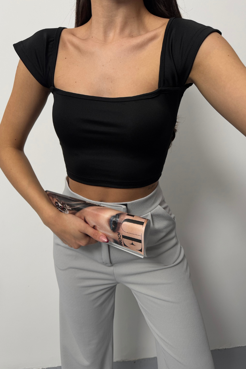 Kadın Crop Tişört Kısa Kollu Kare Yaka Basic Tişört