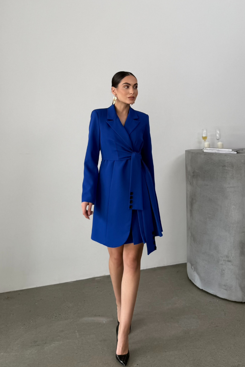 Kadın Elbise Mini Şık Uzun Kollu Kuşaklı Kruvaze Yaka Pileli Ceket Elbise