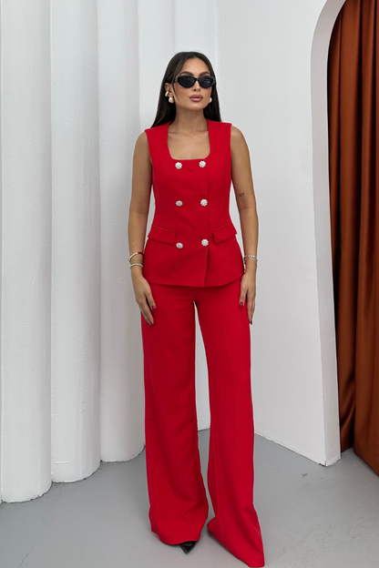 Kadın İkili Alt Üst Takım Şık Düğme Detaylı Kare Yaka Yelek Pantolon Takım