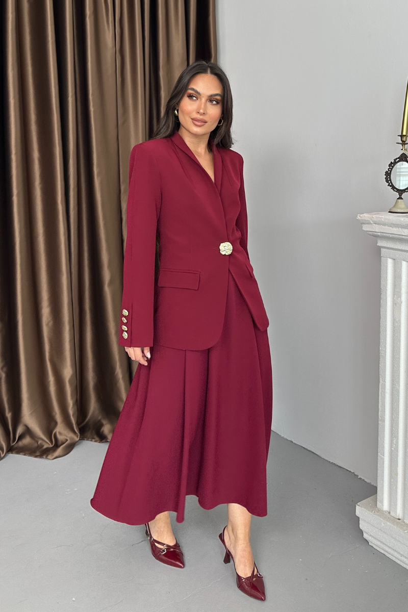Kadın İkili Takım Şık Düğme Detaylı Dik Yaka Blazer Ceket Uzun Etek Takım