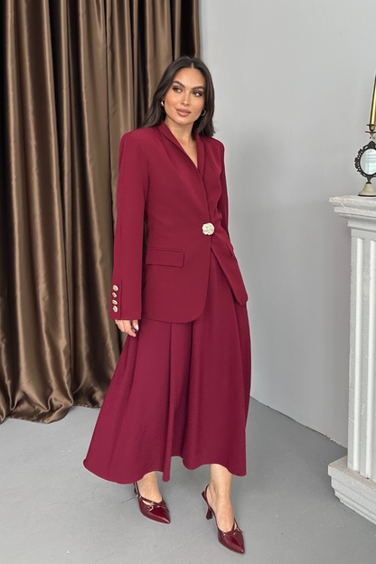 Kadın İkili Takım Şık Düğme Detaylı Dik Yaka Blazer Ceket Uzun Etek Takım