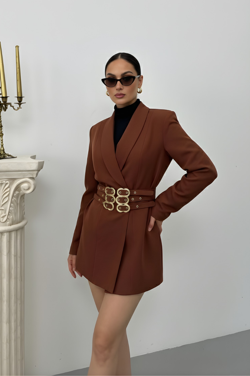 Kadın Blazer Ceket Şık Kruvaze Yaka Vatkalı Gold Kemer Detaylı Ceket