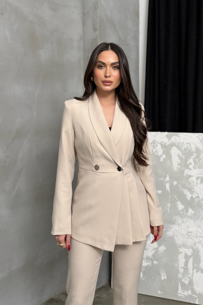 Kadın İkili Blazer Ceket Pantolon Takım Pile ve Düğme Detaylı Boru Paça