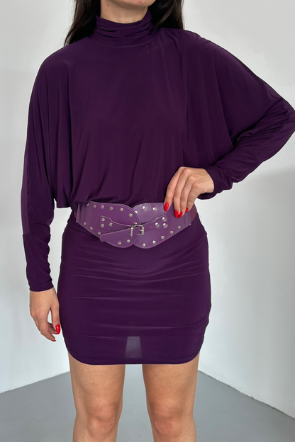 Kadın Elbise Mini Şık Kemerli Yarım Balıkçı Yaka Uzun Yarasa Kollu Dökümlü Sandy Elbise