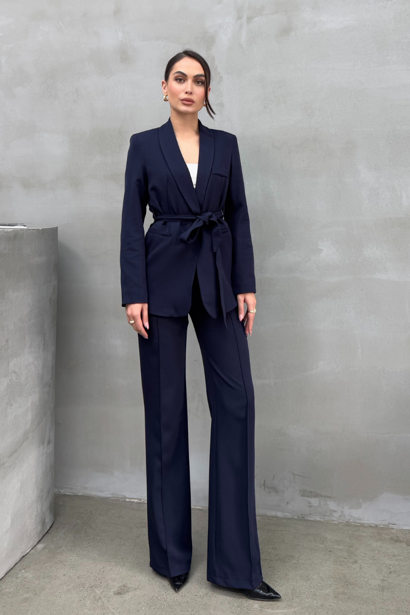 Kadın İkili Kuşaklı Blazer Ceket Pantolon Takım