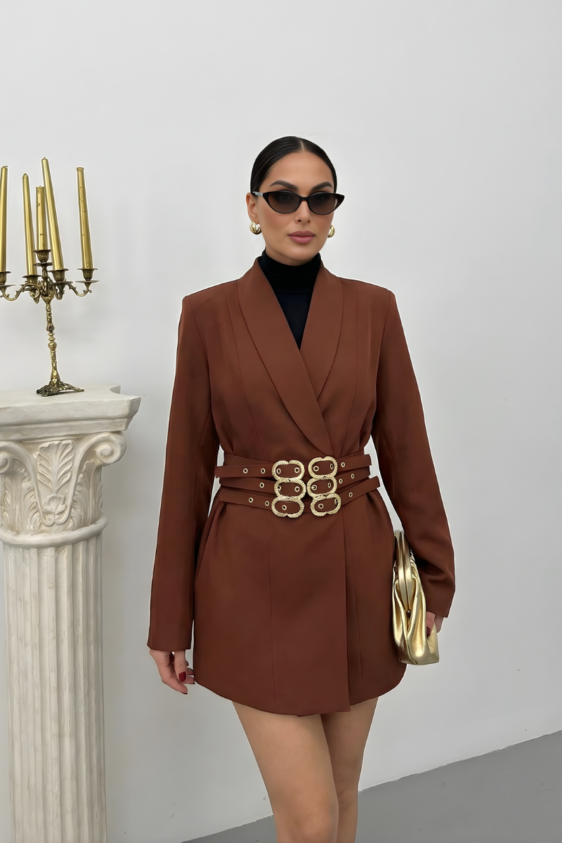 Kadın Blazer Ceket Şık Kruvaze Yaka Vatkalı Gold Kemer Detaylı Ceket