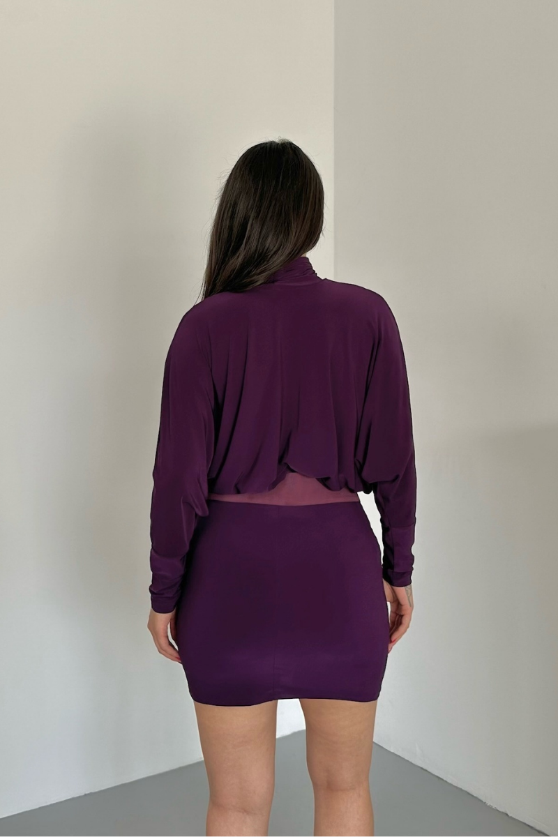 Kadın Elbise Mini Şık Kemerli Yarım Balıkçı Yaka Uzun Yarasa Kollu Dökümlü Sandy Elbise