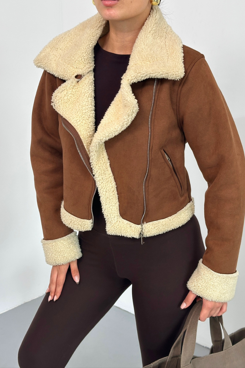 Kadın Süet Mont Kısa İçi Kürklü Kruvaze Fermuarlı Cepli Ceket