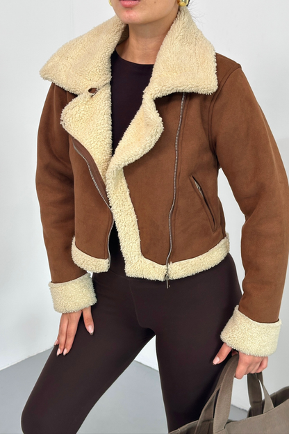 Kadın Süet Mont Kısa İçi Kürklü Kruvaze Fermuarlı Cepli Ceket