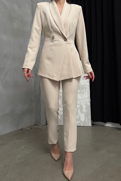 Kadın İkili Blazer Ceket Pantolon Takım Pile ve Düğme Detaylı Boru Paça