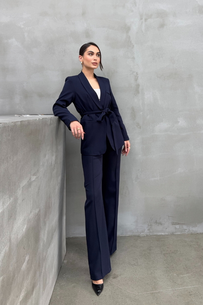 Kadın İkili Kuşaklı Blazer Ceket Pantolon Takım