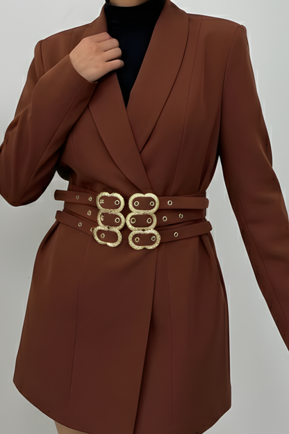 Kadın Blazer Ceket Şık Kruvaze Yaka Vatkalı Gold Kemer Detaylı Ceket