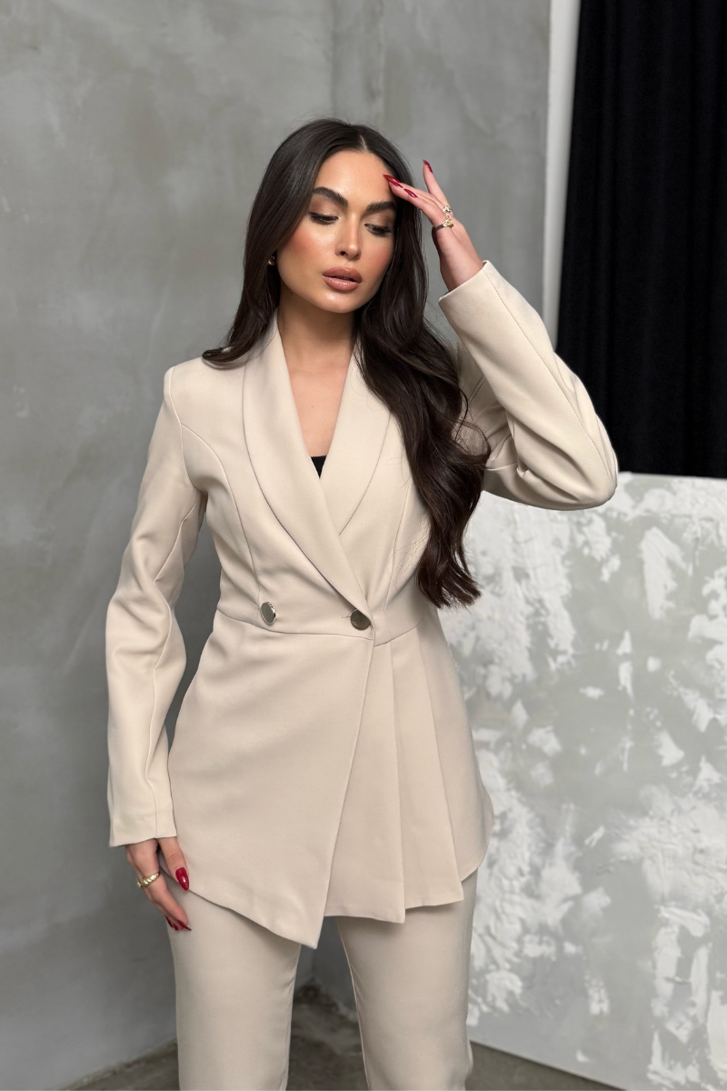 Kadın İkili Blazer Ceket Pantolon Takım Pile ve Düğme Detaylı Boru Paça