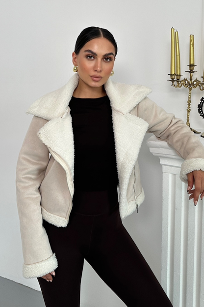 Kadın Süet Mont Kısa İçi Kürklü Kruvaze Fermuarlı Cepli Ceket