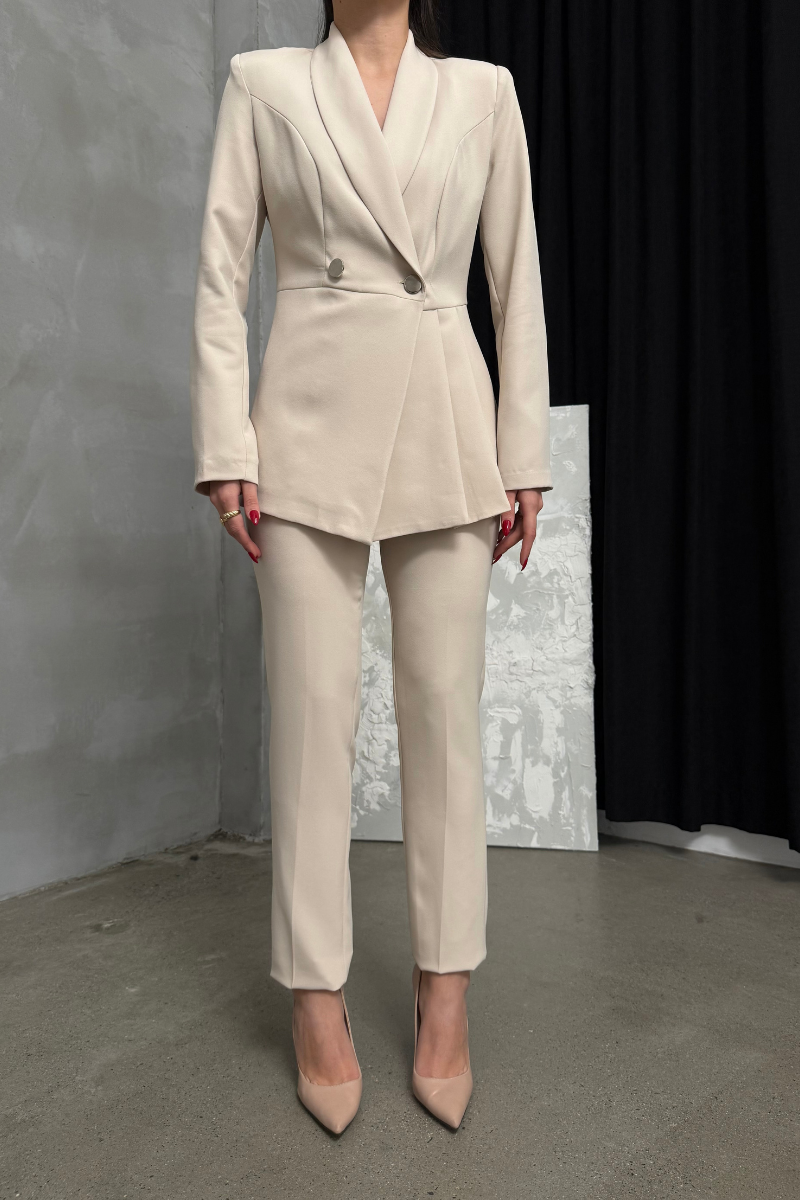 Kadın İkili Blazer Ceket Pantolon Takım Pile ve Düğme Detaylı Boru Paça