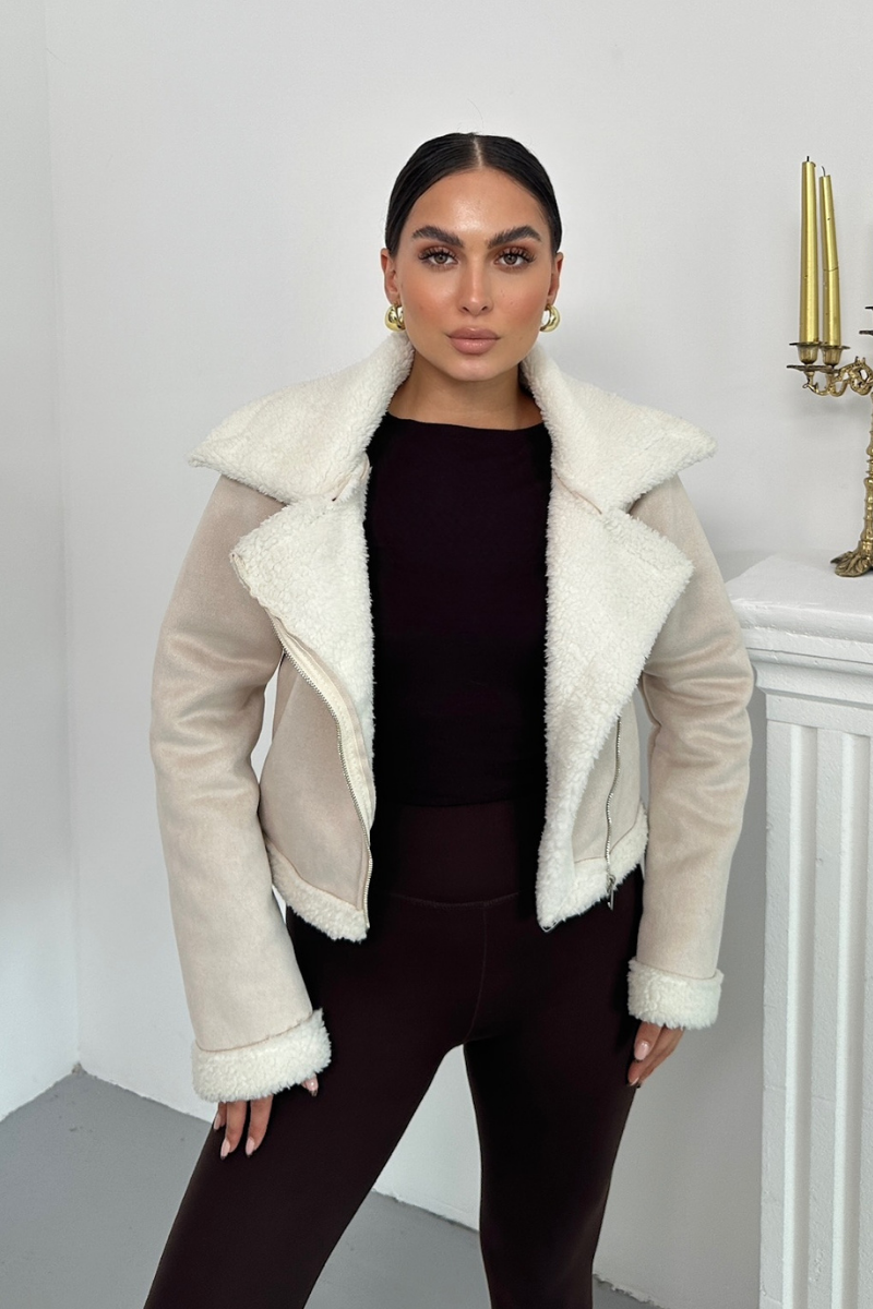 Kadın Süet Mont Kısa İçi Kürklü Kruvaze Fermuarlı Cepli Ceket