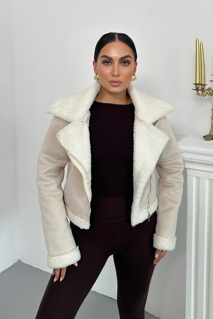 Kadın Süet Mont Kısa İçi Kürklü Kruvaze Fermuarlı Cepli Ceket