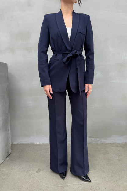 Kadın İkili Kuşaklı Blazer Ceket Pantolon Takım