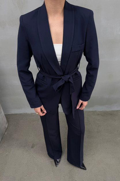 Kadın İkili Kuşaklı Blazer Ceket Pantolon Takım