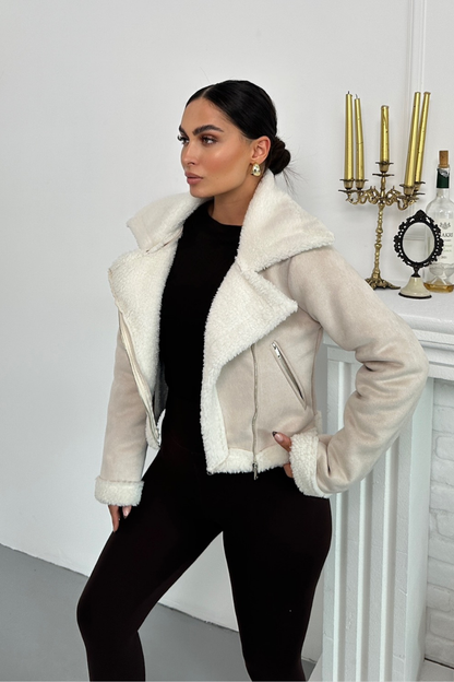 Kadın Süet Mont Kısa İçi Kürklü Kruvaze Fermuarlı Cepli Ceket