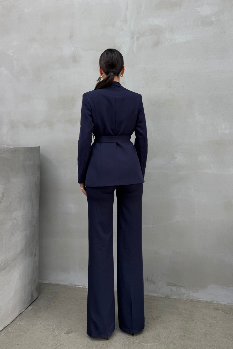 Kadın İkili Kuşaklı Blazer Ceket Pantolon Takım