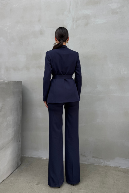 Kadın İkili Kuşaklı Blazer Ceket Pantolon Takım