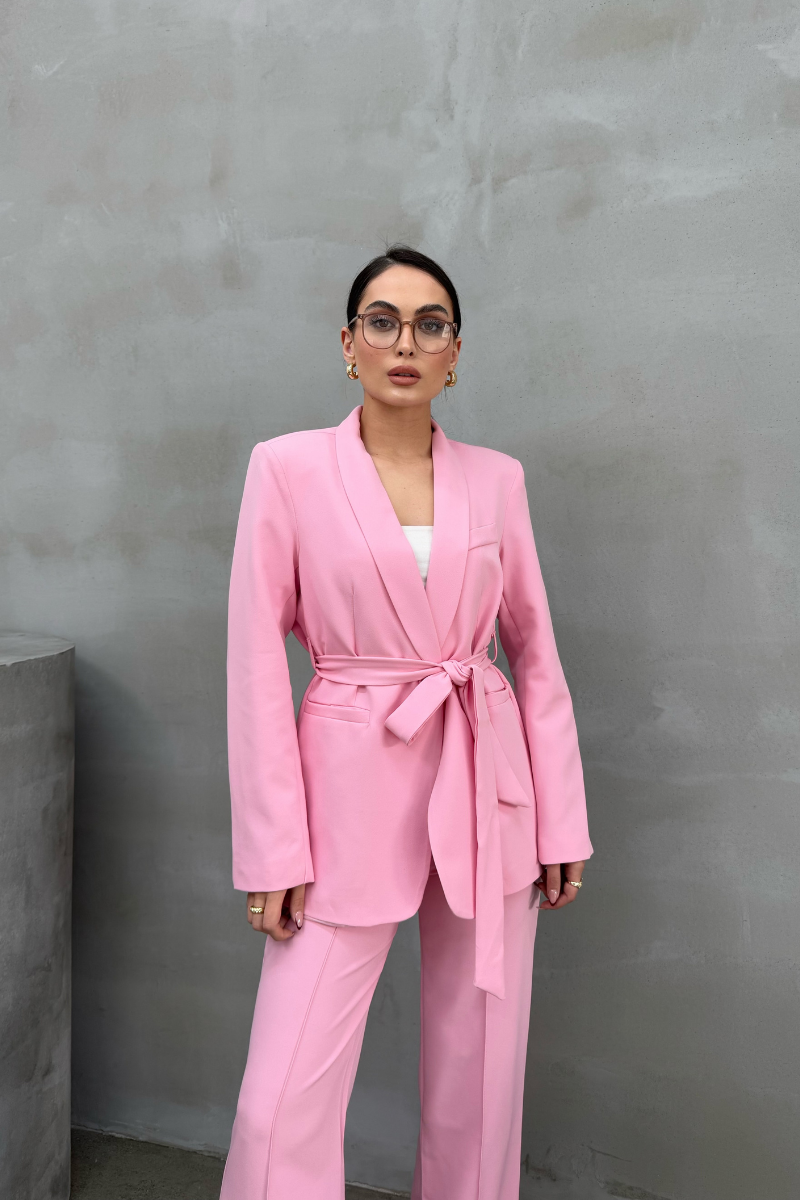 Kadın İkili Kuşaklı Blazer Ceket Pantolon Takım