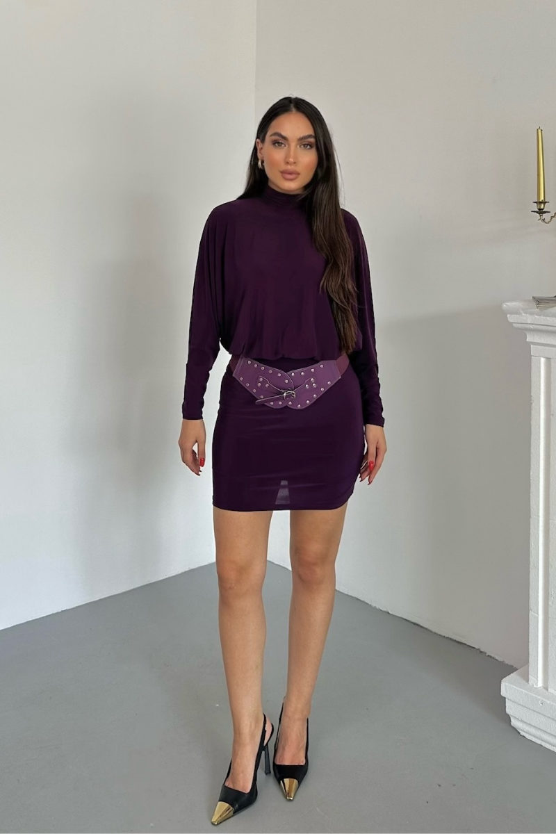 Kadın Elbise Mini Şık Kemerli Yarım Balıkçı Yaka Uzun Yarasa Kollu Dökümlü Sandy Elbise