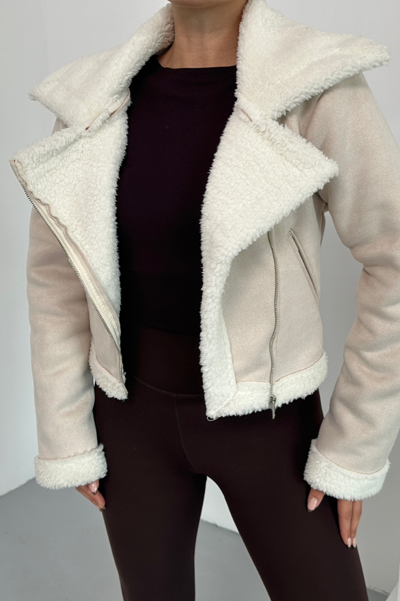 Kadın Süet Mont Kısa İçi Kürklü Kruvaze Fermuarlı Cepli Ceket