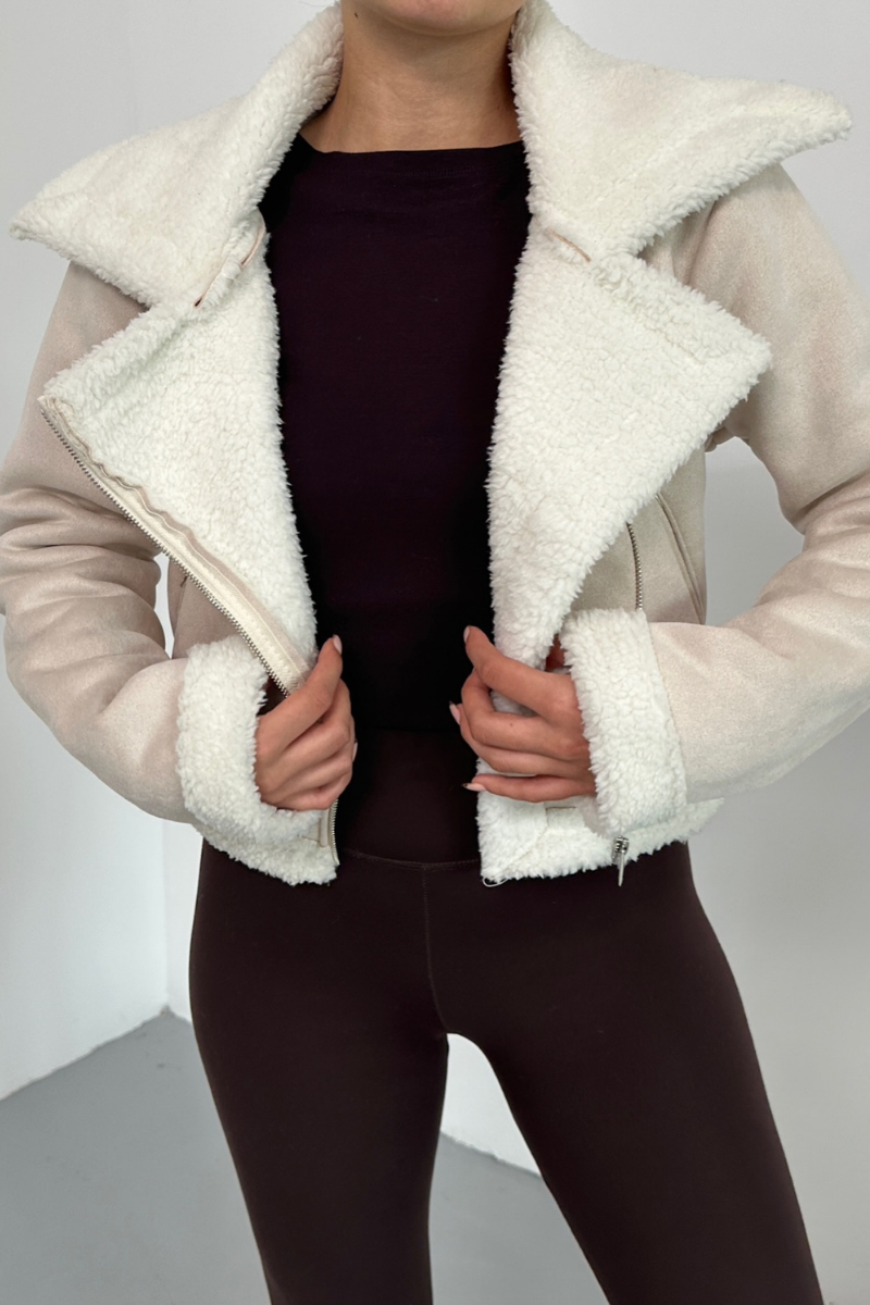 Kadın Süet Mont Kısa İçi Kürklü Kruvaze Fermuarlı Cepli Ceket