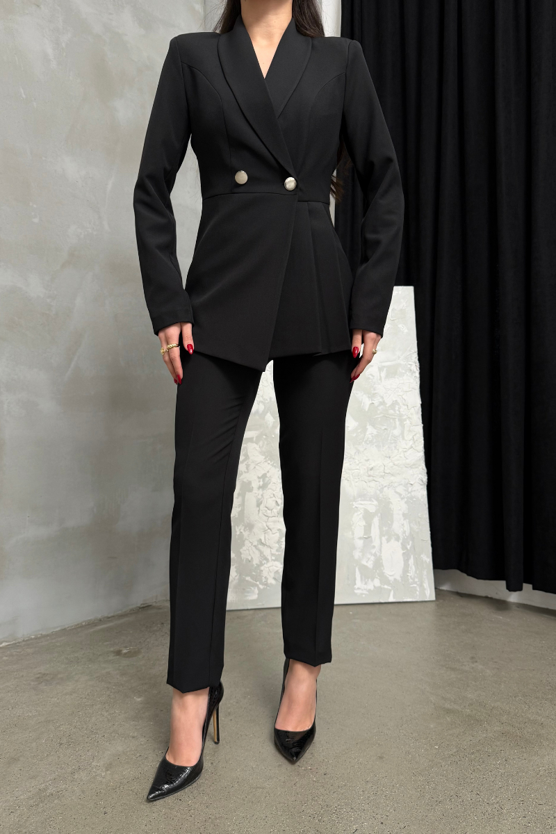 Kadın İkili Blazer Ceket Pantolon Takım Pile ve Düğme Detaylı Boru Paça