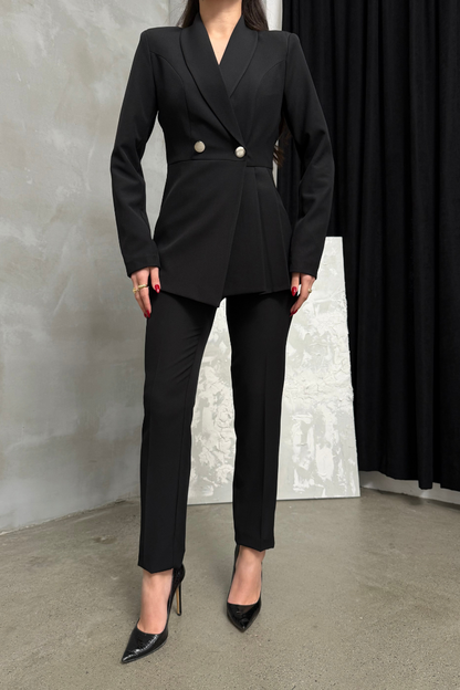 Kadın İkili Blazer Ceket Pantolon Takım Pile ve Düğme Detaylı Boru Paça