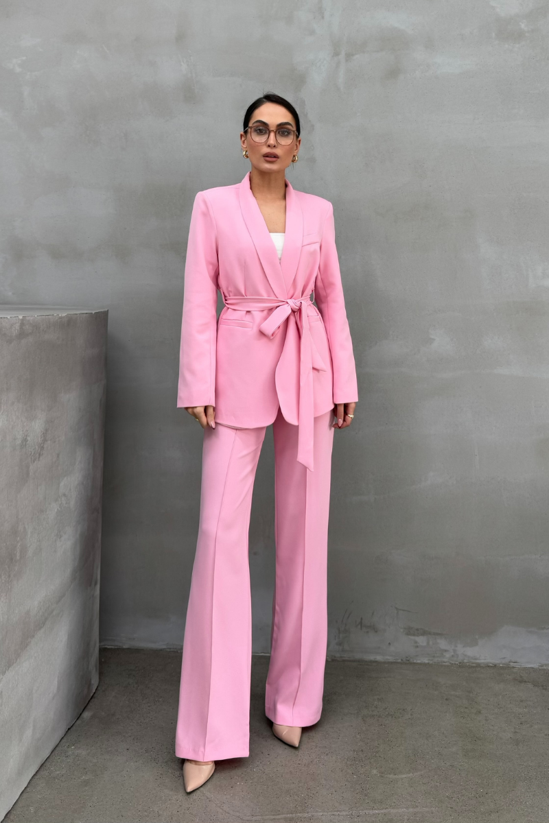 Kadın İkili Kuşaklı Blazer Ceket Pantolon Takım