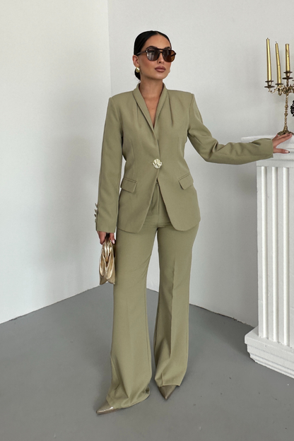 Kadın İkili Takım Şık Düğme Detaylı Dik Yaka Blazer Ceket Bol Paça Pantolon Takım