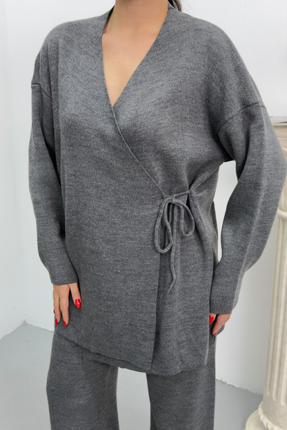 Kadın İkili Alt Üst Takım Triko Yandan Bağcıklı Kruvaze Hırka Bol Paça Pantolon Örme Takım