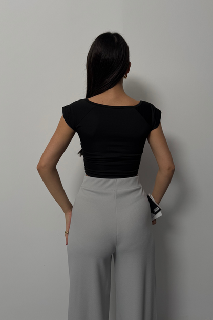 Kadın Crop Tişört Kısa Kollu Kare Yaka Basic Tişört