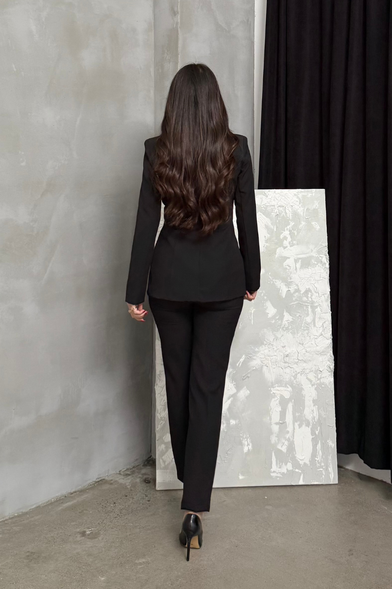 Kadın İkili Blazer Ceket Pantolon Takım Pile ve Düğme Detaylı Boru Paça