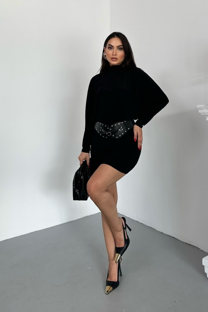 Kadın Elbise Mini Şık Kemerli Yarım Balıkçı Yaka Uzun Yarasa Kollu Dökümlü Sandy Elbise