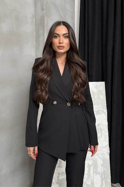 Kadın İkili Blazer Ceket Pantolon Takım Pile ve Düğme Detaylı Boru Paça