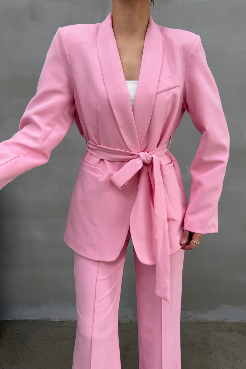 Kadın İkili Kuşaklı Blazer Ceket Pantolon Takım