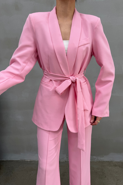 Kadın İkili Kuşaklı Blazer Ceket Pantolon Takım