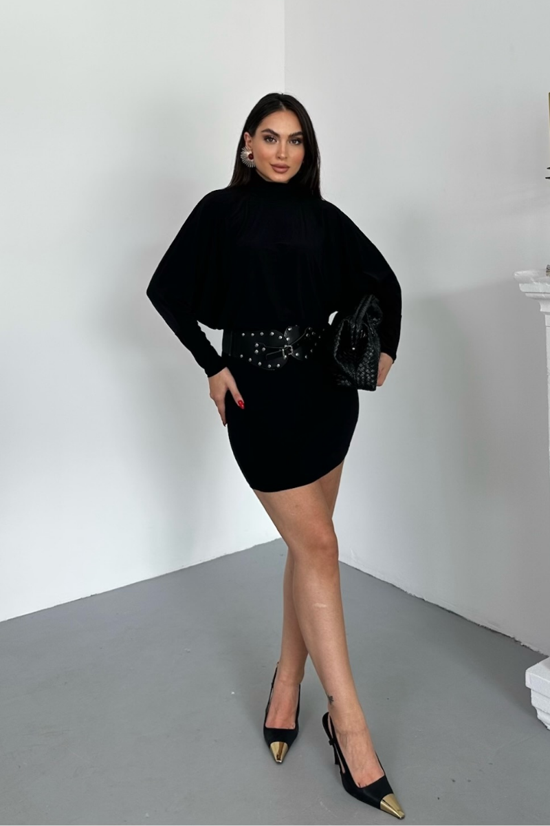 Kadın Elbise Mini Şık Kemerli Yarım Balıkçı Yaka Uzun Yarasa Kollu Dökümlü Sandy Elbise