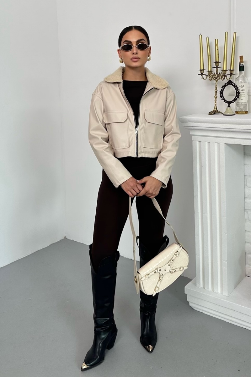 Kadın Crop Ceket Suni Deri Yakası Kürklü Fermuarlı Çift Cepli Kısa Deri Mont