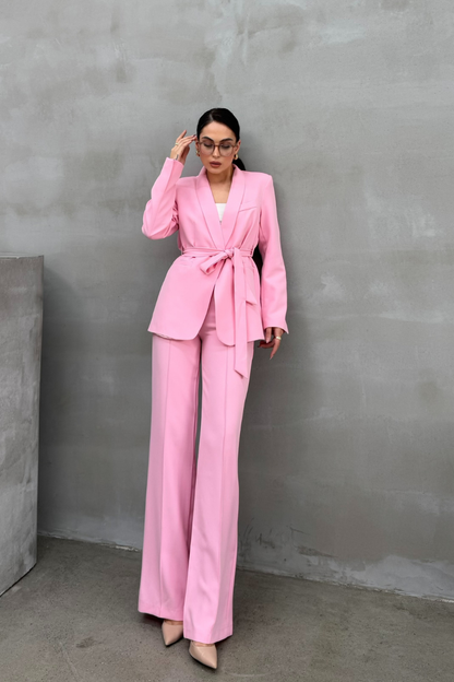 Kadın İkili Kuşaklı Blazer Ceket Pantolon Takım