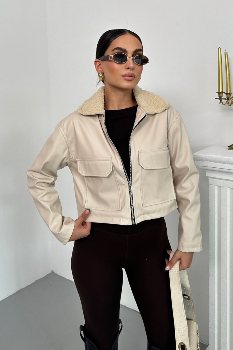 Kadın Crop Ceket Suni Deri Yakası Kürklü Fermuarlı Çift Cepli Kısa Deri Mont