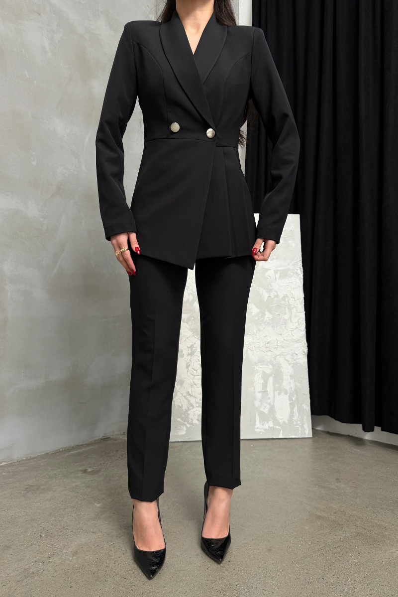 Kadın İkili Blazer Ceket Pantolon Takım Pile ve Düğme Detaylı Boru Paça