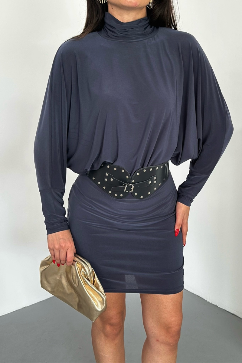 Kadın Elbise Mini Şık Kemerli Yarım Balıkçı Yaka Uzun Yarasa Kollu Dökümlü Sandy Elbise